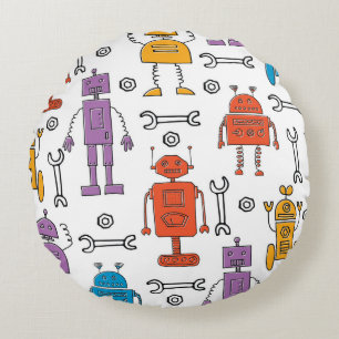 Cute doodle robots. Seamless pattern. Cartoon char Round Pillow