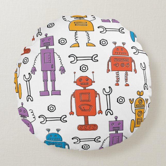 Cute doodle robots. Seamless pattern. Cartoon char Round Pillow (Front)