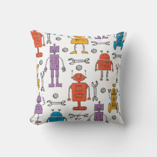 Cute doodle robots. Seamless pattern. Cartoon char Throw Pillow