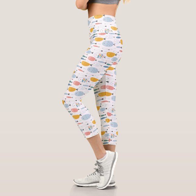 Cute Doodle School of Fish Pattern Capri Leggings (Left)