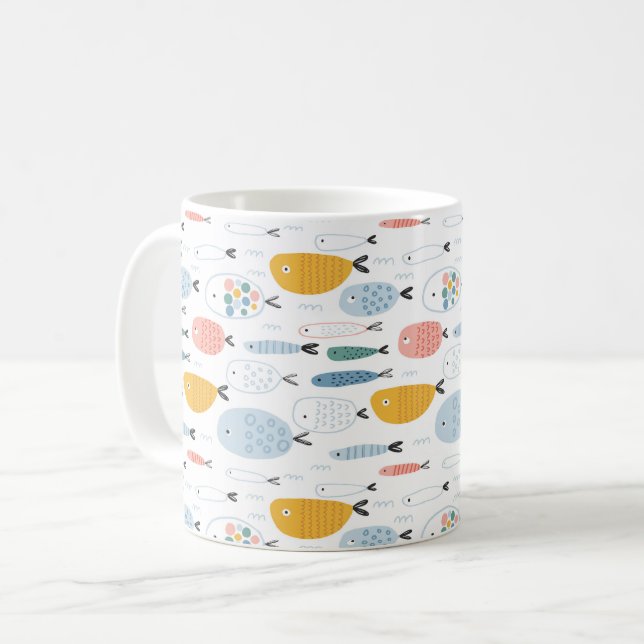 Cute Doodle School of Fish Pattern Coffee Mug (Front Left)