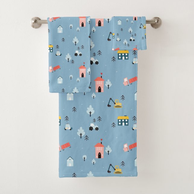 Cute Doodle Town Scene Pattern Bath Towel Set (Insitu)