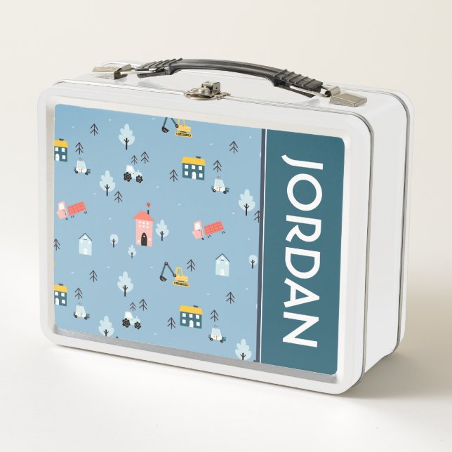 Cute Doodle Town Scene Pattern Metal Lunch Box (Front)