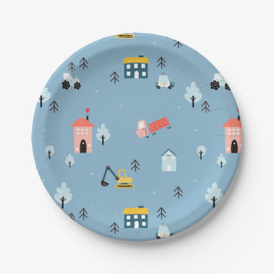 Cute Doodle Town Scene Pattern Paper Plate