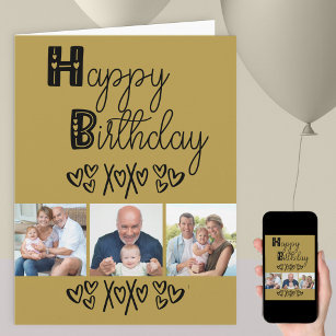 Cute Doodle Typography Gold Black 3 Photo Birthday Card