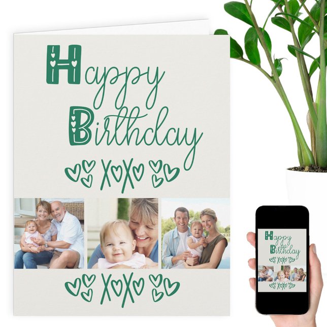 Cute Doodle Typography Green 3 Photo Birthday Card (Creator Uploaded)