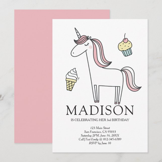 Cute Doodle Unicorn Sweets Birthday Invitation (Front/Back)