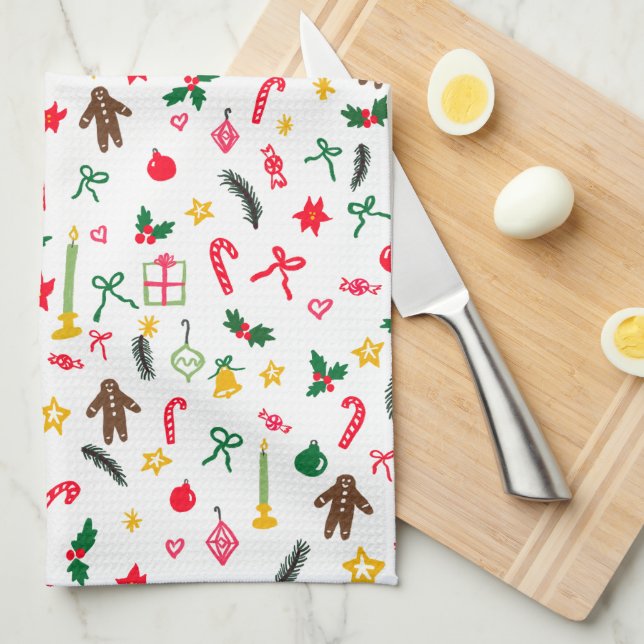 Cute Doodle Whimsical Christmas Holiday Hand-drawn Kitchen Towel (Quarter Fold)