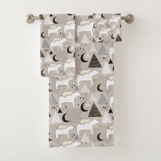 Cute Doodle Woodland Bear Pattern Bath Towel Set (Insitu)