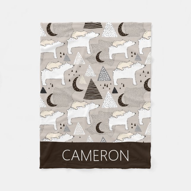 Cute Doodle Woodland Bear Pattern Fleece Blanket (Front)