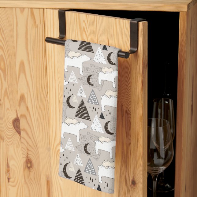 Cute Doodle Woodland Bear Pattern Kitchen Towel (Thirds Fold)