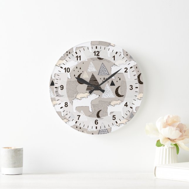 Cute Doodle Woodland Bear Pattern Large Clock (Home)