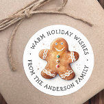Cute dopey gingerbread man warm winter wishes classic round sticker<br><div class="desc">Winter holiday gift tags or envelope seals featuring a watercolor illustration of a gingerbread man and Customizable text "warm holiday wishes".</div>