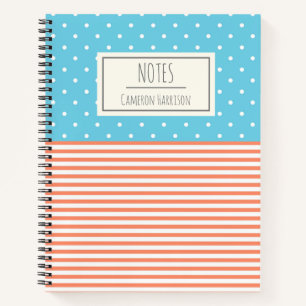 Cute Dots and Stripes Coral and Blue Personalized Notebook