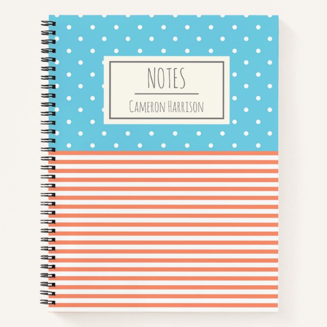 Cute Dots and Stripes Coral and Blue Personalized Notebook (Front)