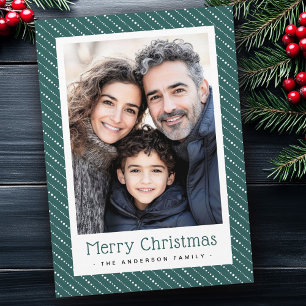 Cute dotted stripes merry Christmas photo green Holiday Card