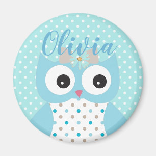 Cute Dotty Blue Owl Art Personalised Girls Magnet