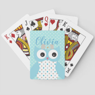 Cute Dotty Blue Owl Art Personalised Girls Playing Cards