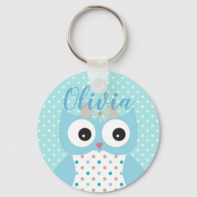 Cute Dotty Blue Owl Art Personalised Keychain (Front)