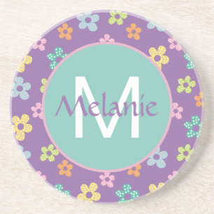 Cute Dotty Flower Pattern Purple Personalised Coaster