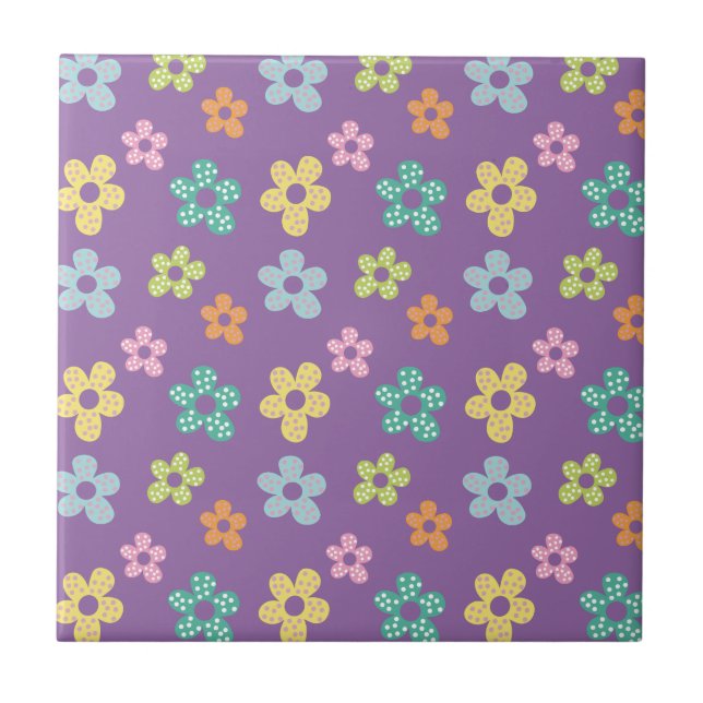 Cute Dotty Flower Pattern Purple Tile (Front)