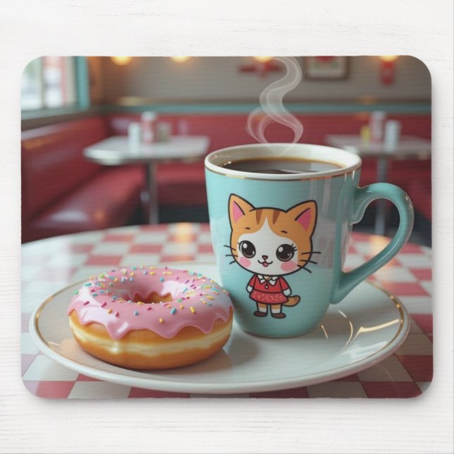 Cute Doughnut and Coffee at Retro Diner Mouse Pad (Front)