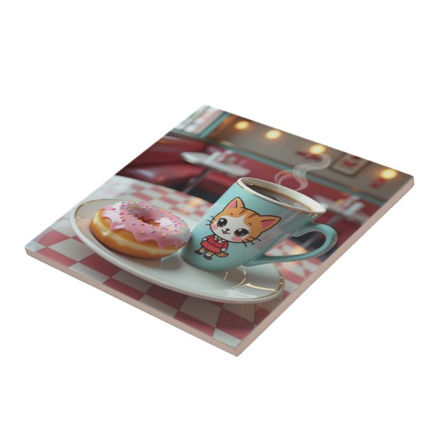 Cute Doughnut and Coffee at Retro Diner Tile (Side)