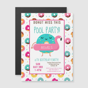 Cute Doughnut Flamingo Birthday Pool Party Girls Magnetic Invitation