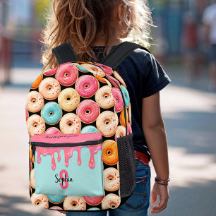 Cute Doughnut Fun Sweet Black Pink Monogram Printed Backpack