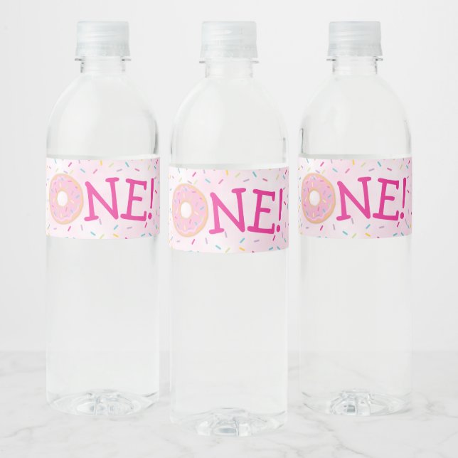 Cute Doughnut Rainbow Sprinkles Girl First Birthda Water Bottle Label (Bottles)