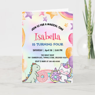 Cute Doughnuts Dino Unicorn Birthday Rainbow Party Invitation