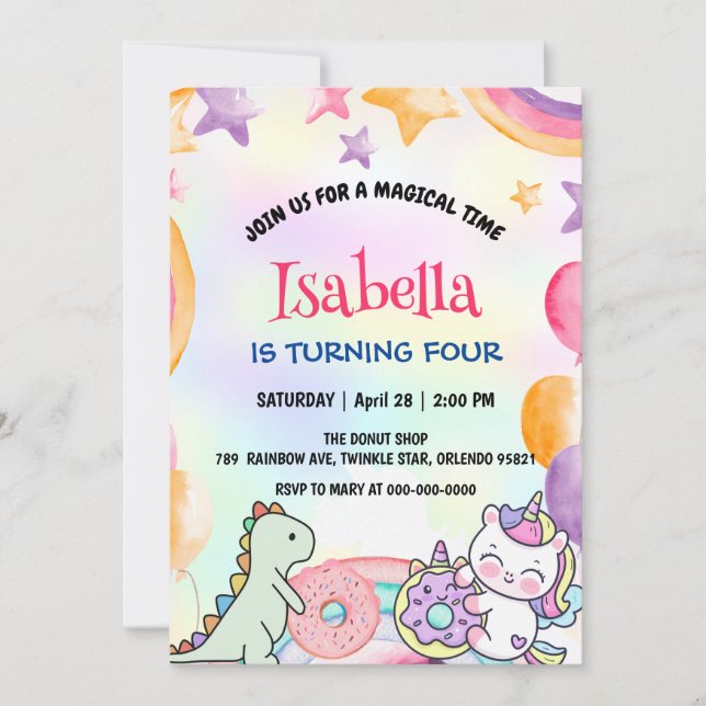 Cute Doughnuts Dino Unicorn Birthday Rainbow Party Save The Date (Front)