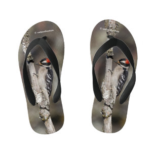 Cute Downy Woodpecker Bird on Branch Kid's Flip Flops