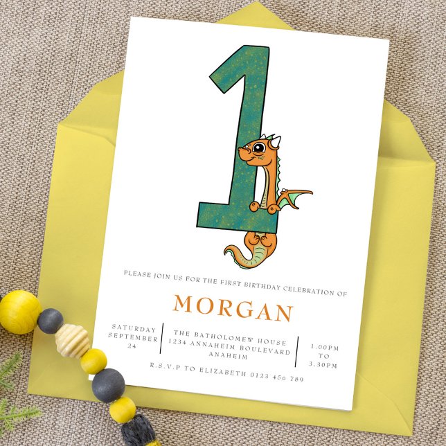 Cute Dragon 1st Birthday Party Invitation (Creator Uploaded)