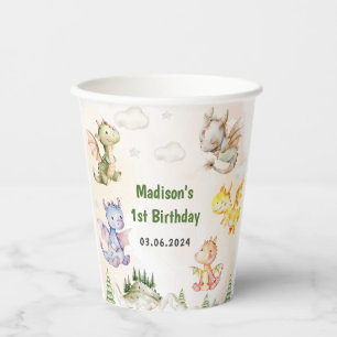Cute Dragon 1st Birthday Party Paper Cups