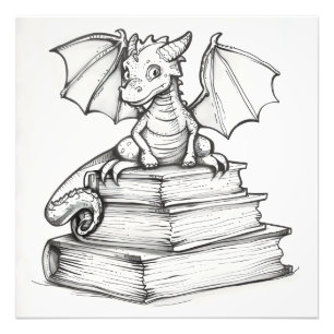 Cute Dragon and Books Photo Print