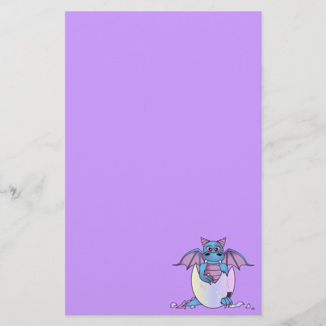 Cute Dragon Baby in Cracked Egg Purple Stationery (Front)