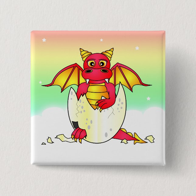 Cute Dragon Baby in Cracked Egg - Red / Yellow 2 Inch Square Button (Front)