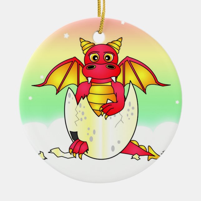 Cute Dragon Baby in Cracked Egg - Red / Yellow Ceramic Ornament (Front)