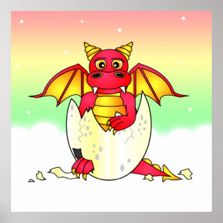 Cute Dragon Baby in Cracked Egg - Red / Yellow Poster