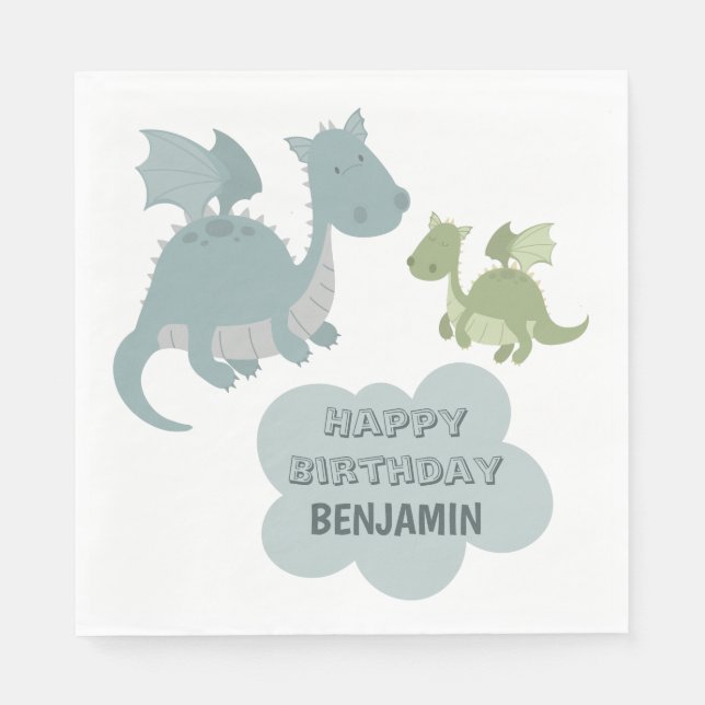 Cute Dragon Blue Green Personalized Name Birthday  Napkin (Front)