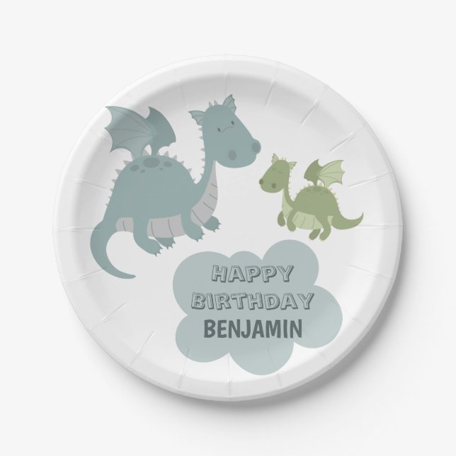 Cute Dragon Blue Green Personalized Name Birthday Paper Plate (Front)