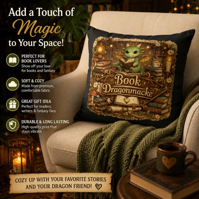 Cute Dragon Book Lover Throw Pillow | Fantasy Read (Creator Uploaded)
