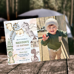 Cute Dragon Boy 1st Birthday Party Photo  Invitation