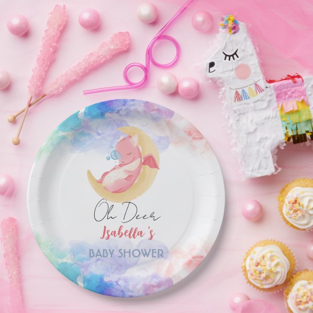 Cute dragon dinosaur rainbow Balloon baby shower Paper Plate (Party)