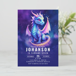 Cute Dragon Fantasy Dark Blue Birthday Party Invitation
