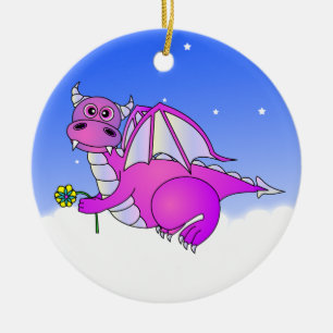 Cute Dragon Flying in the Clouds - Blue / Purple Ceramic Ornament