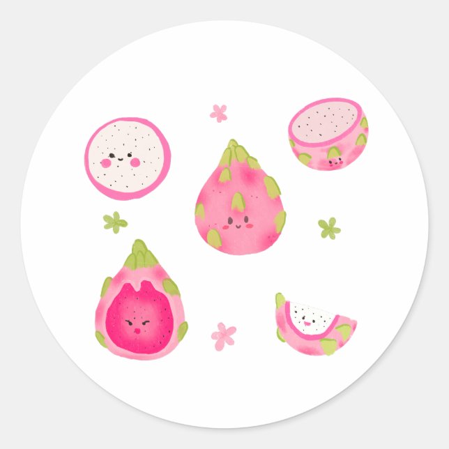 Cute Dragon Fruit Illustration – Kawaii Pitaya Classic Round Sticker (Front)