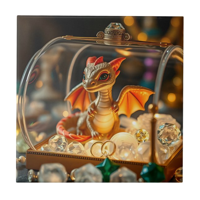 Cute Dragon in a Jewellery Box Tile (Front)