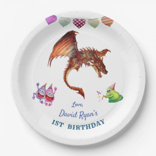 Cute Dragon Monsters Hearts Boy First Birthday Paper Plate